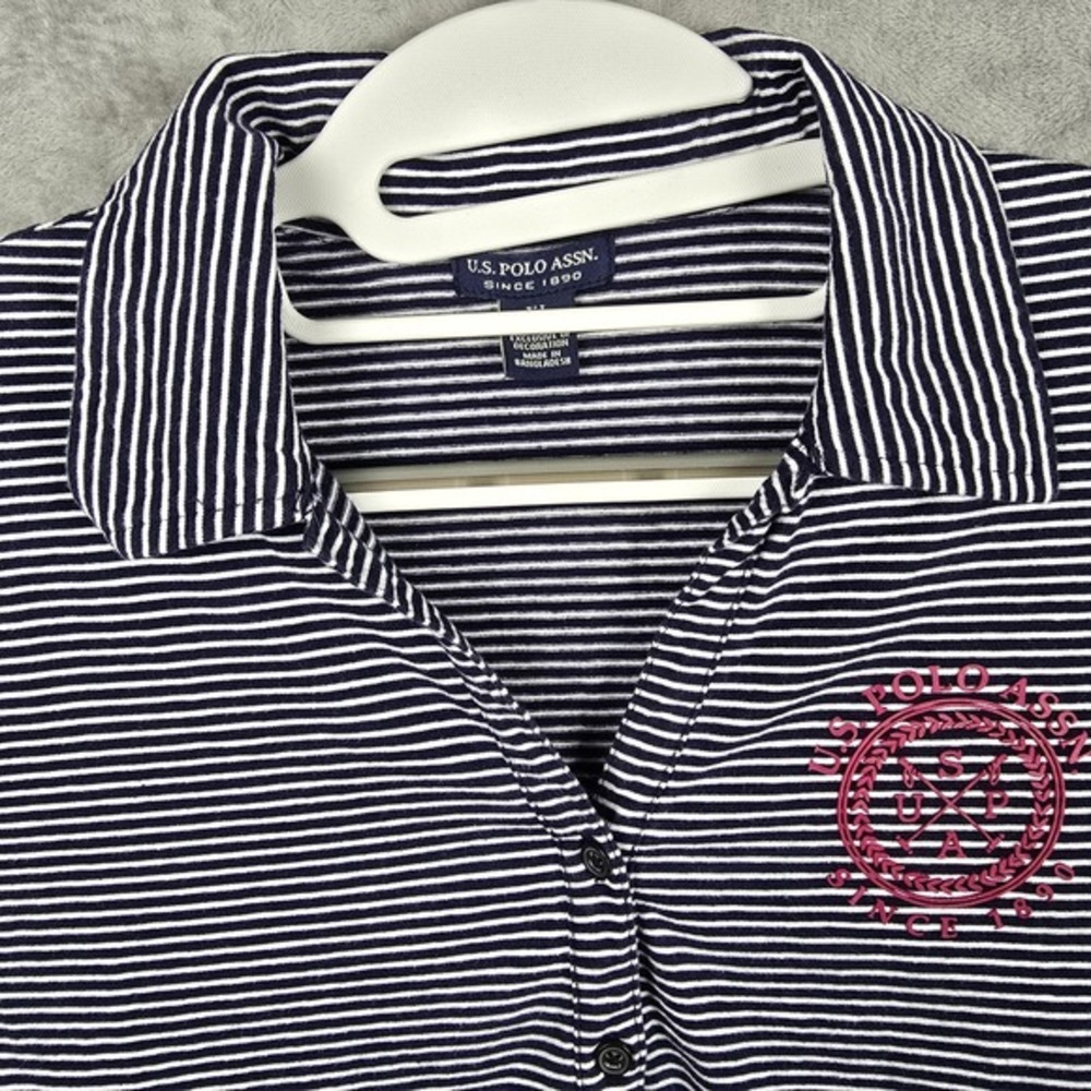 US Polo Assn Kids XL Navy Blue White Striped Short Sleeve Polo Shirt Pink Logo